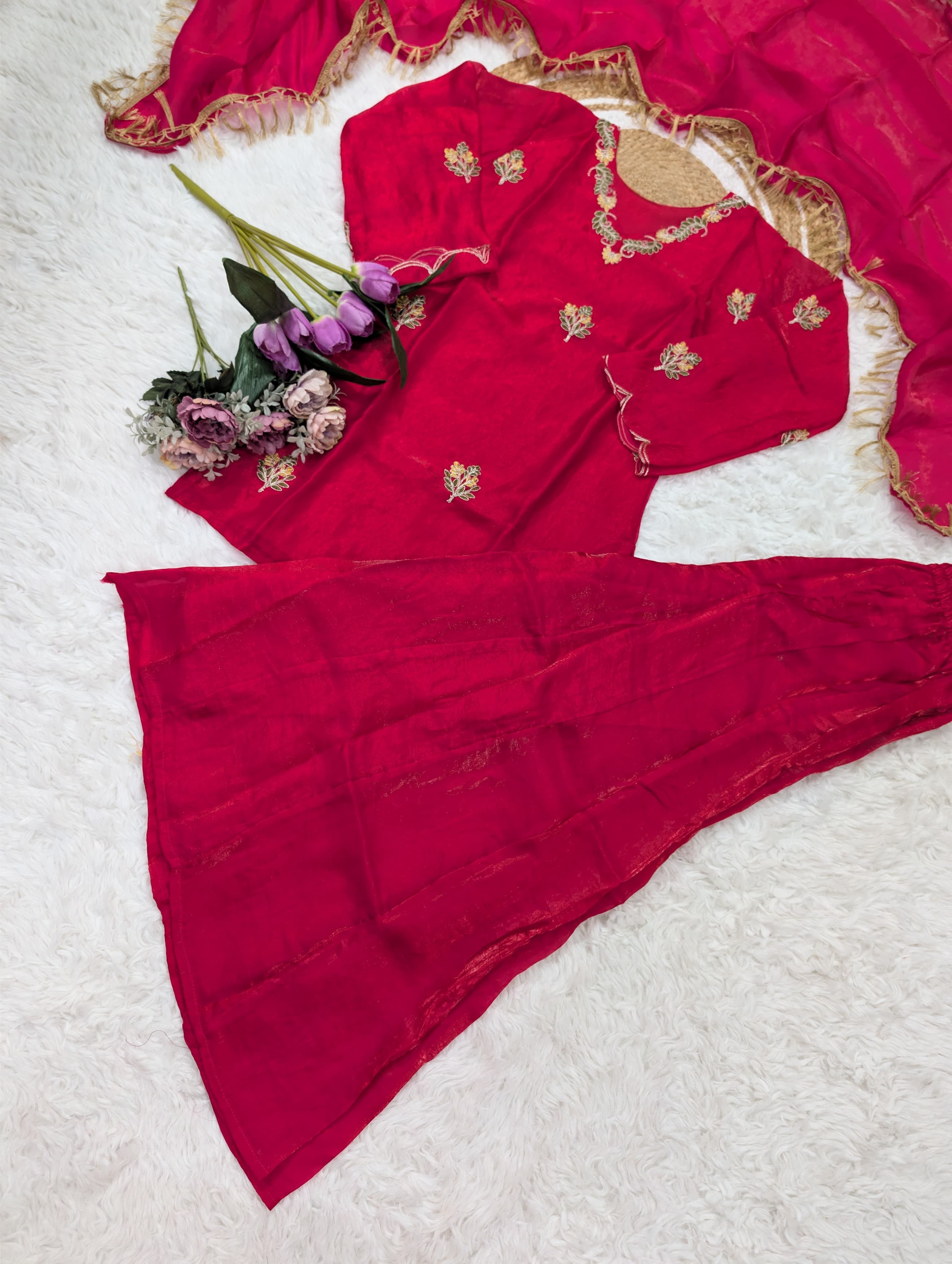 Magenta Pink Fendy Silk Embroidered Kurta Sharara Set with Lace Dupatta