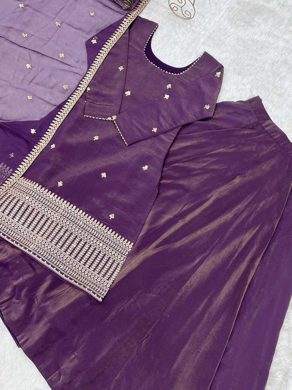 Royal Plum Roman Shimmer Chanderi Silk Kurta Lehenga Set with Zari Embroidery & Organza Dupatta