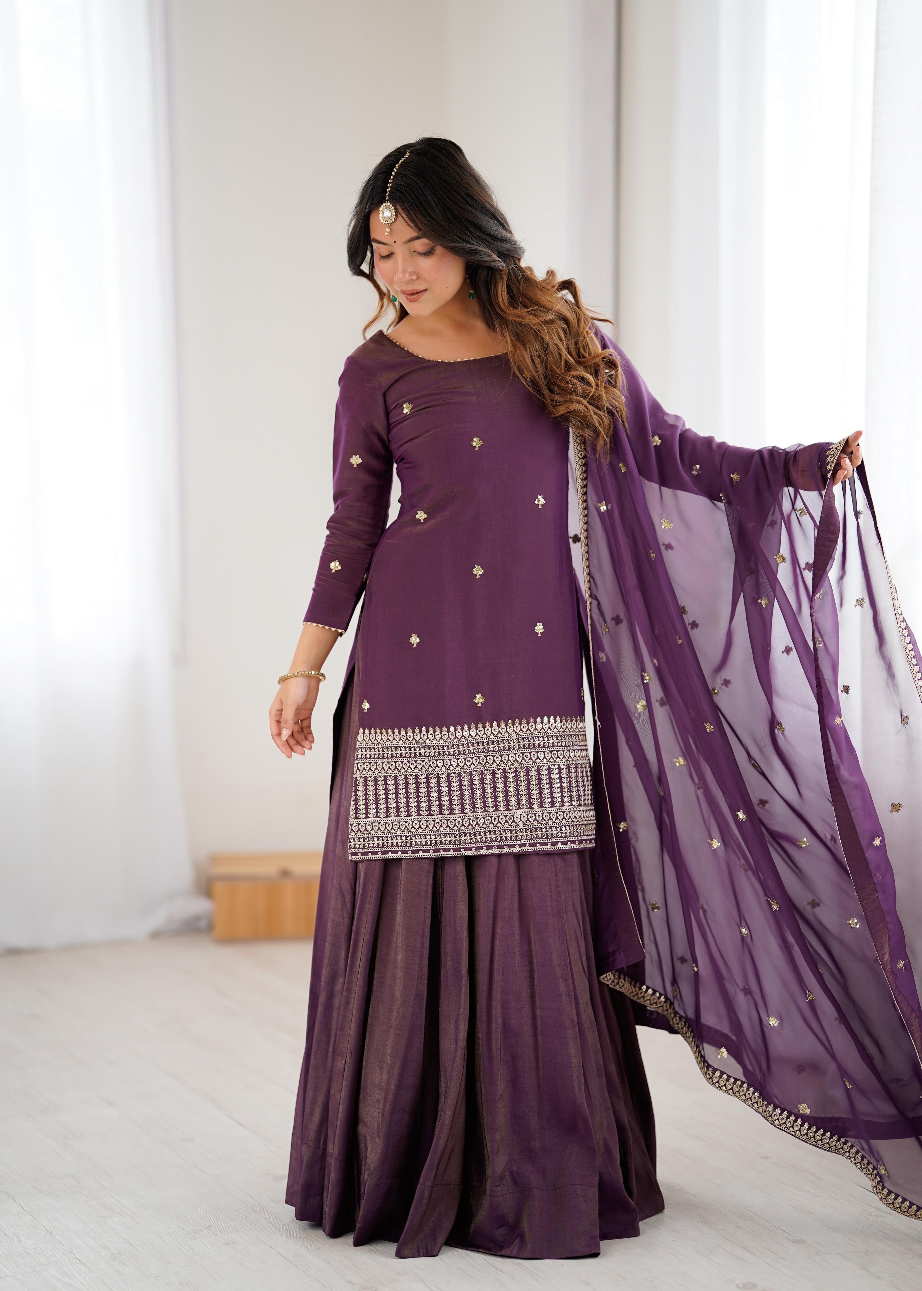 Royal Plum Roman Shimmer Chanderi Silk Kurta Lehenga Set with Zari Embroidery & Organza Dupatta