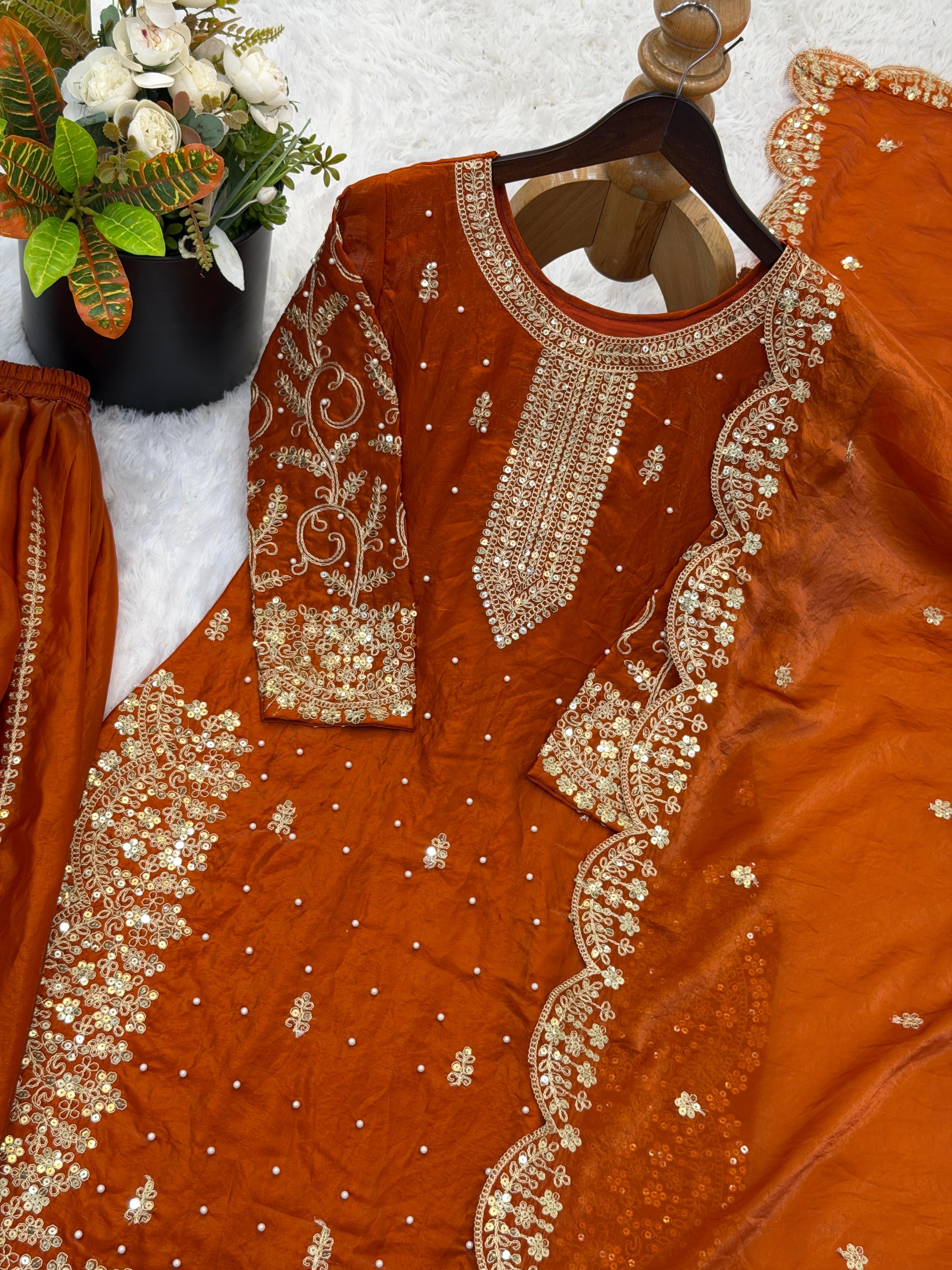 Rust Orange Fendy Silk Sharara Set with Coding & Sequins Embroidery