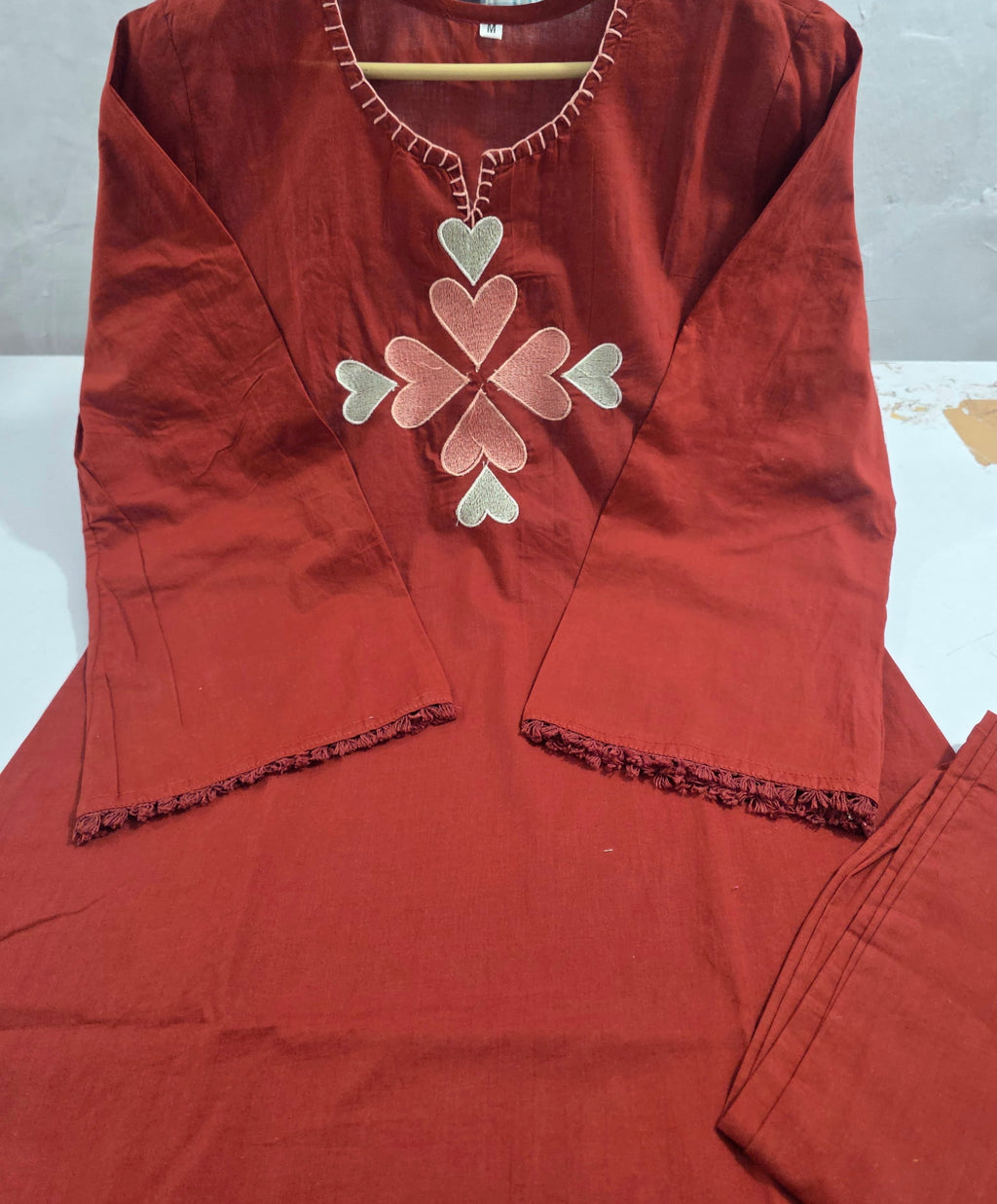 Premium Cotton Kurti Pant Set (Red & Teal Grey)