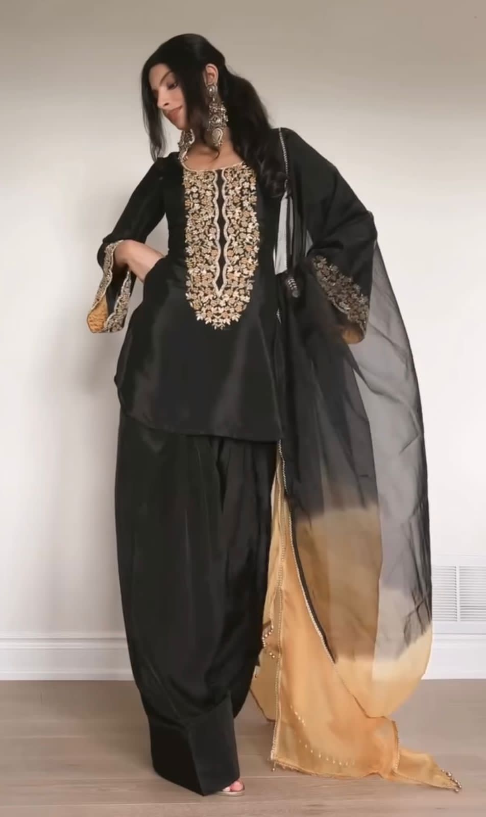 🖤 Black Designer Top with Trendy Farshi Salwar & Organza Dupatta