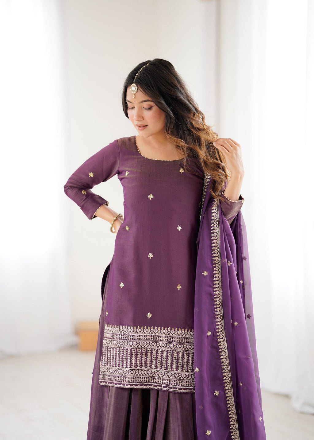 Royal Plum Roman Shimmer Chanderi Silk Kurta Lehenga Set with Zari Embroidery & Organza Dupatta