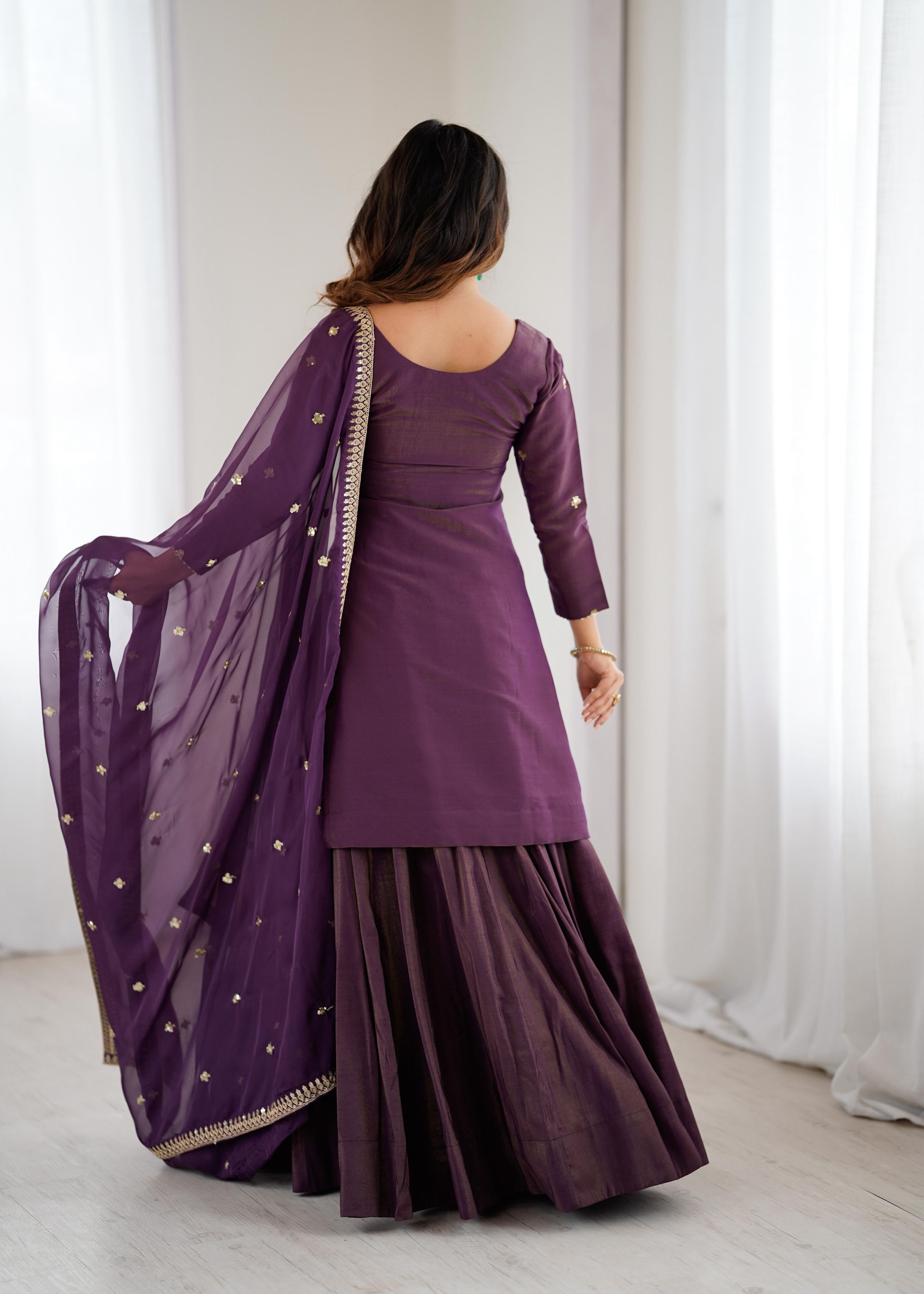 Royal Plum Roman Shimmer Chanderi Silk Kurta Lehenga Set with Zari Embroidery & Organza Dupatta