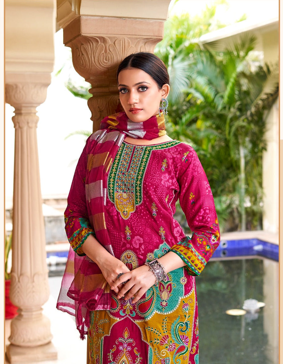 Elegant Dola Silk Position Print Suit Set with Jacquard Dupatta & Santoon Pants