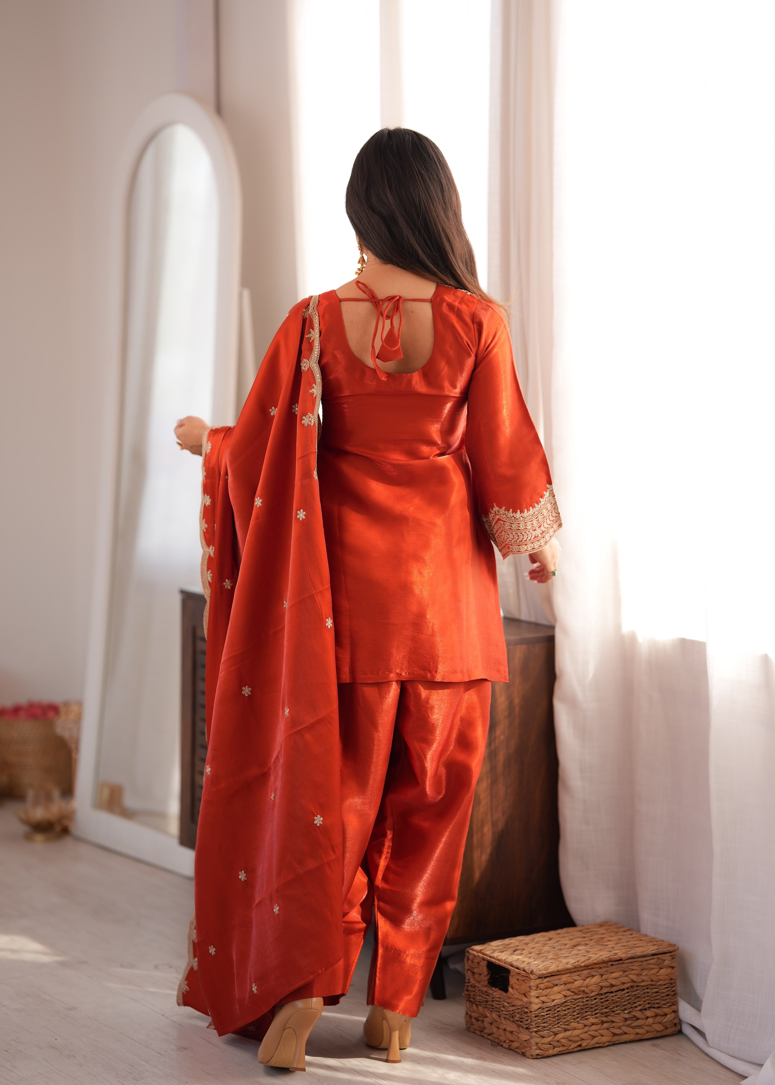 Rust Glass Roman Silk Embroidered Farshi Suit Set with Dupatta | House of Nazam