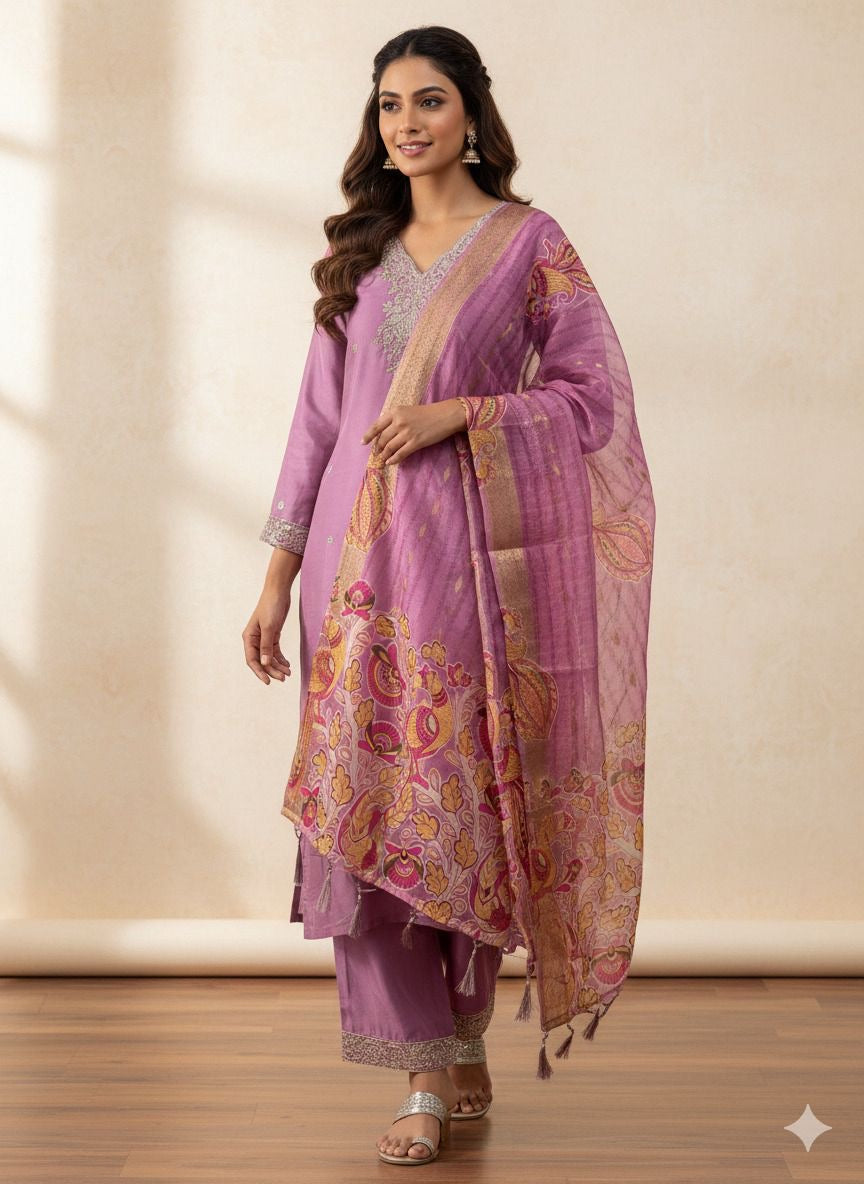 ✨ Elegant Mauve Roman Silk Suit Set