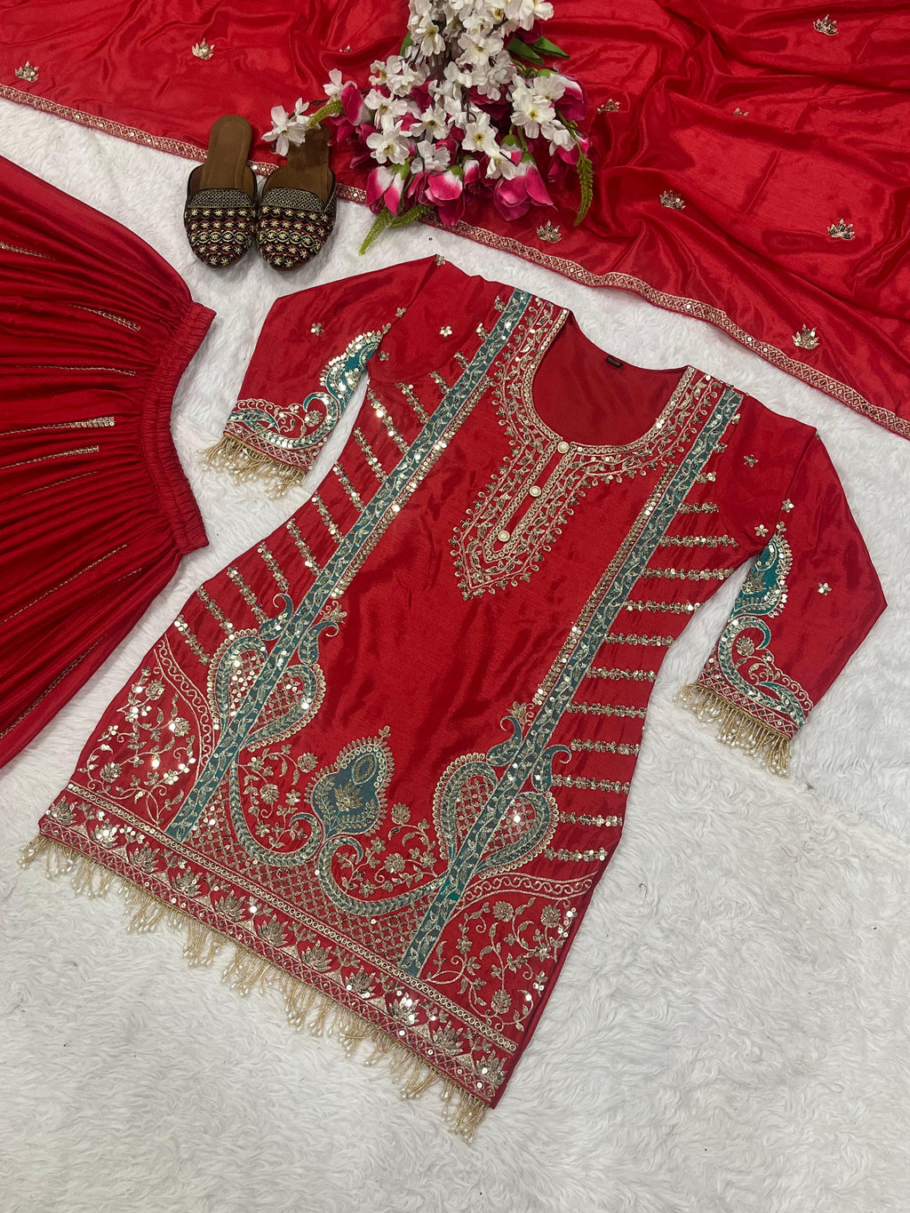 Chinon Silk Sequins Embroidered Kurta & Sharara Palazzo Set
