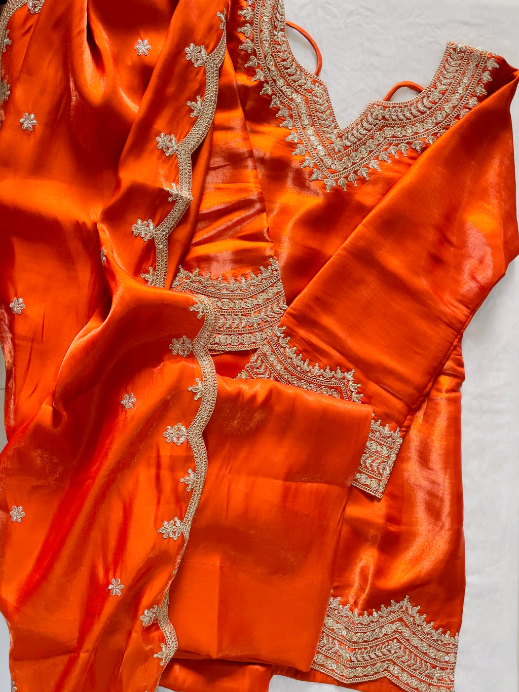 Rust Glass Roman Silk Embroidered Farshi Suit Set with Dupatta | House of Nazam