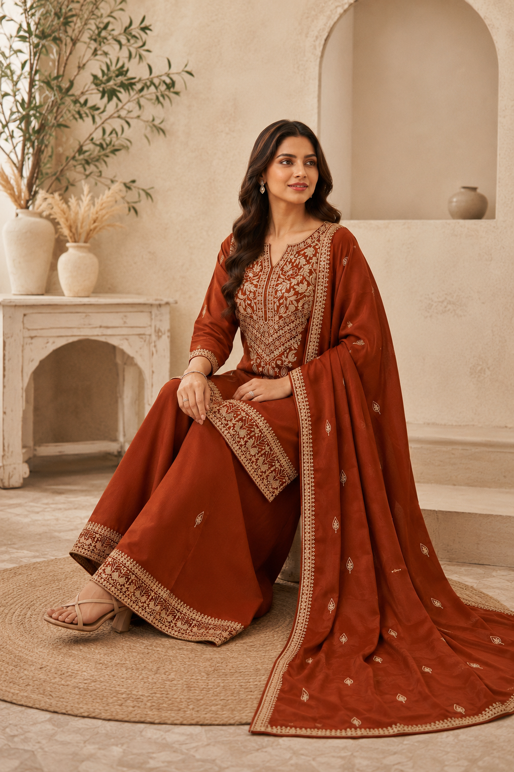 Chinon Silk Embroidered Kurti Palazzo Set with Dupatta