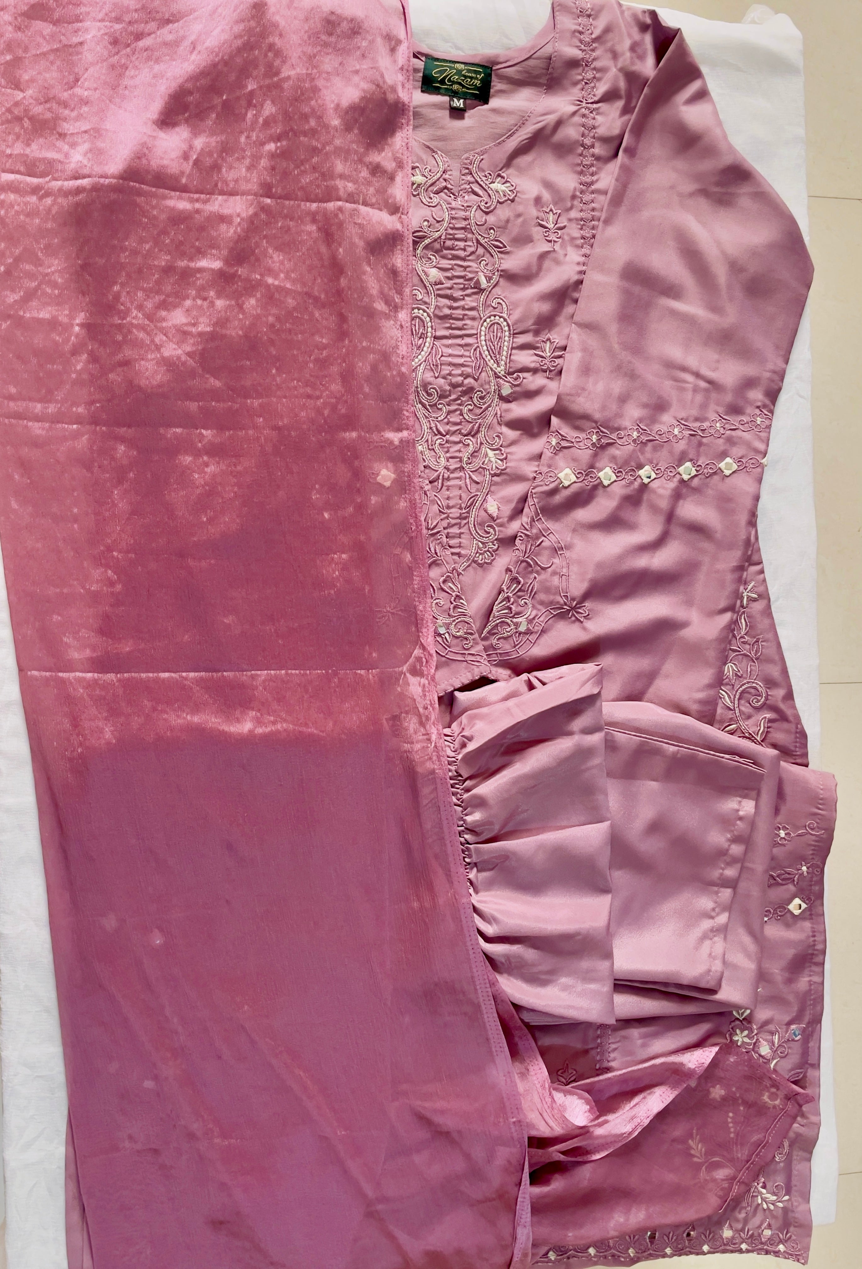 Premium Embroidered France Crepe Silk Kurti Set with Pant & Soft Chinon Dupatta