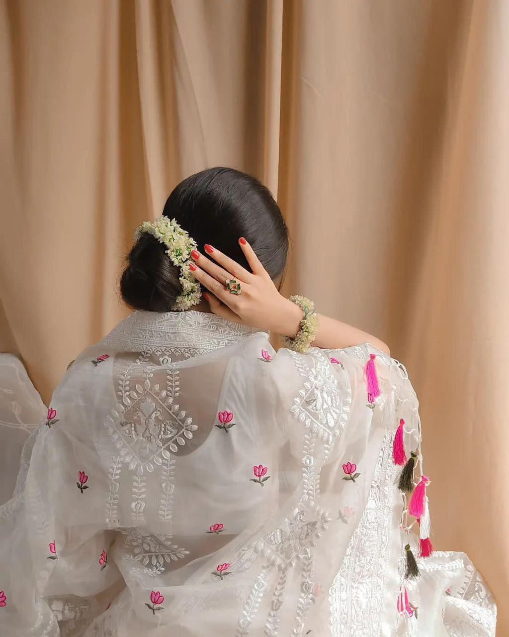 Soft Organza Lucknowi Embroidered Saree with Zari Work & Banglori Silk Blouse