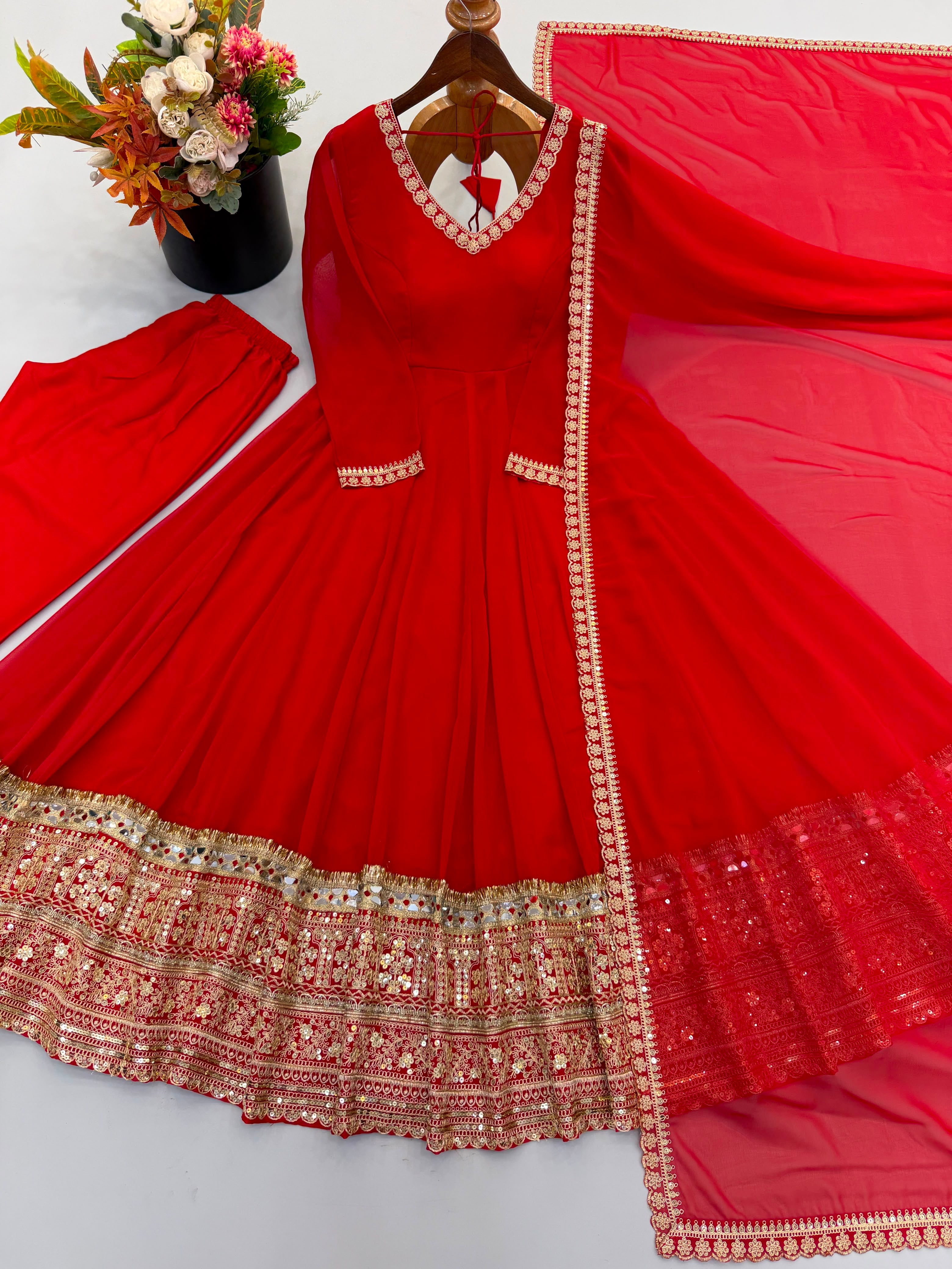 Royal Red Mirror Work Anarkali Suit Set