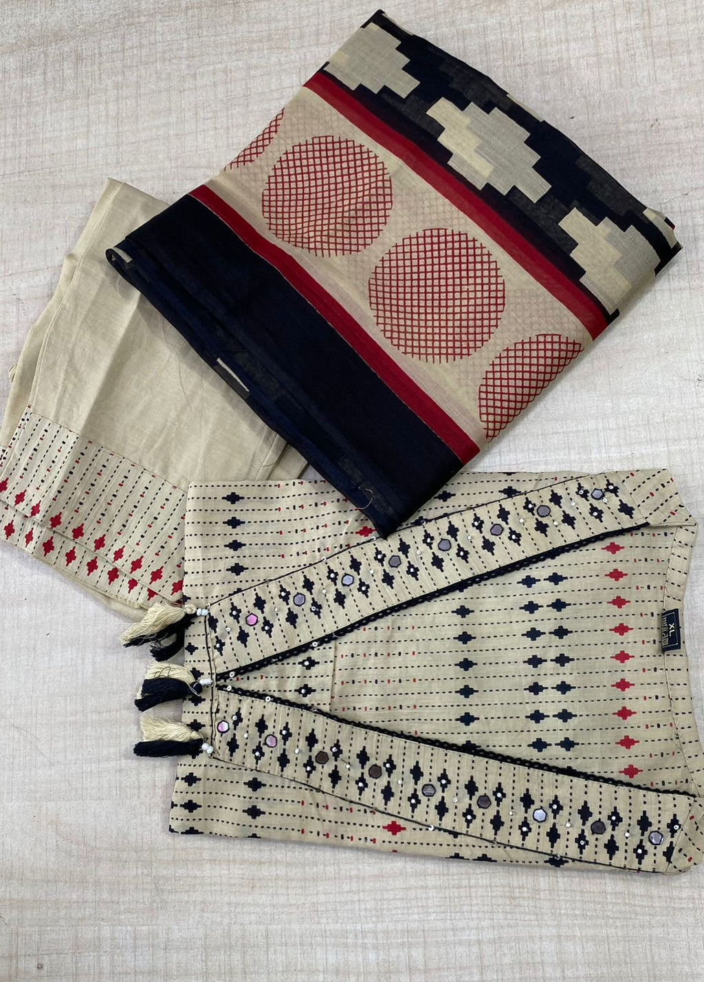 Premium Cotton Kurti Pant Dupatta Set with Mirror Work
