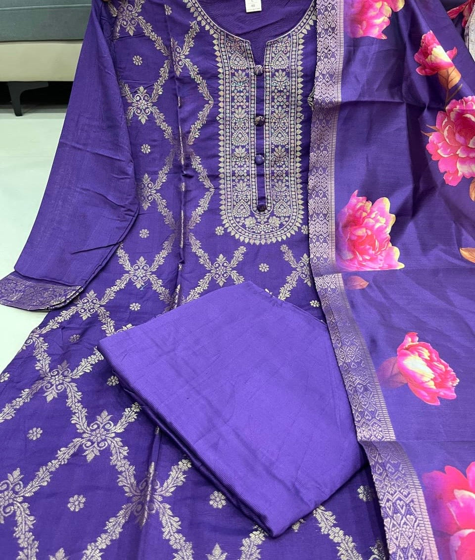 Elegant Purple Banarasi Silk Suit Set with Floral Dupatta