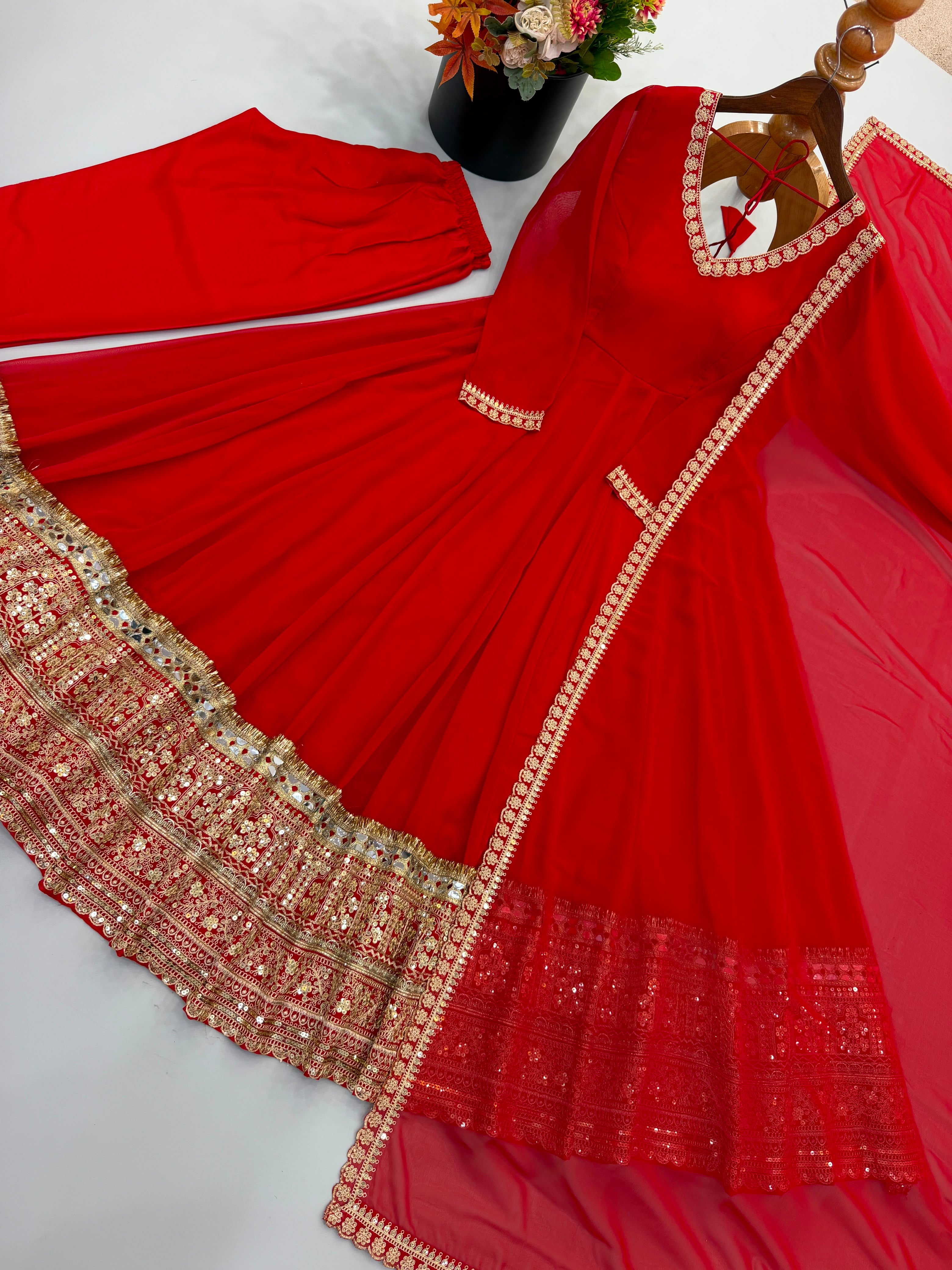 Royal Red Mirror Work Anarkali Suit Set