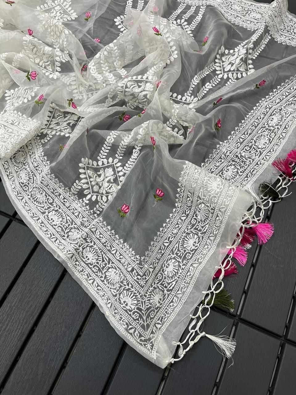 Soft Organza Lucknowi Embroidered Saree with Zari Work & Banglori Silk Blouse