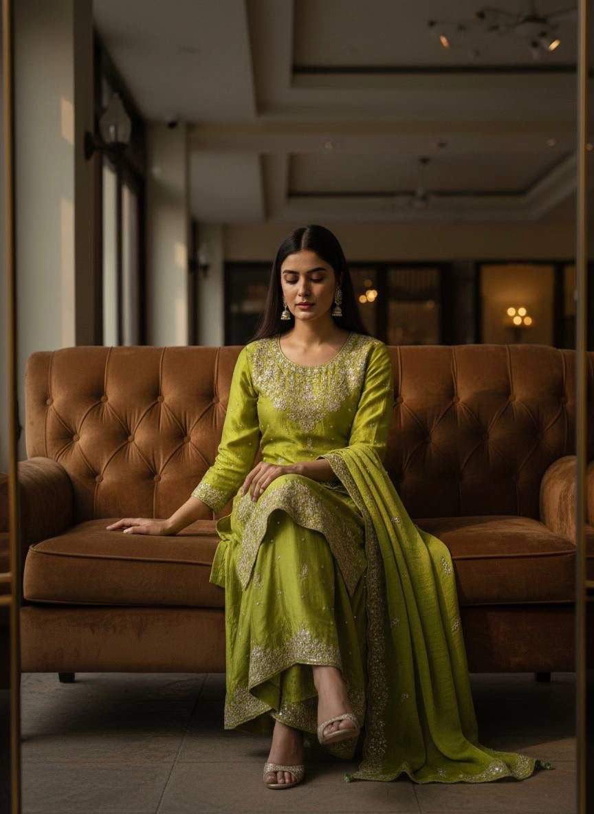 💚 Chinon Silk Embroidered Kurti Palazzo Set