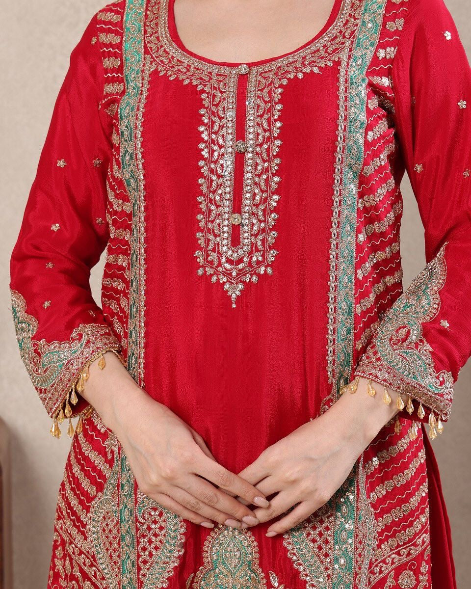 Chinon Silk Sequins Embroidered Kurta & Sharara Palazzo Set