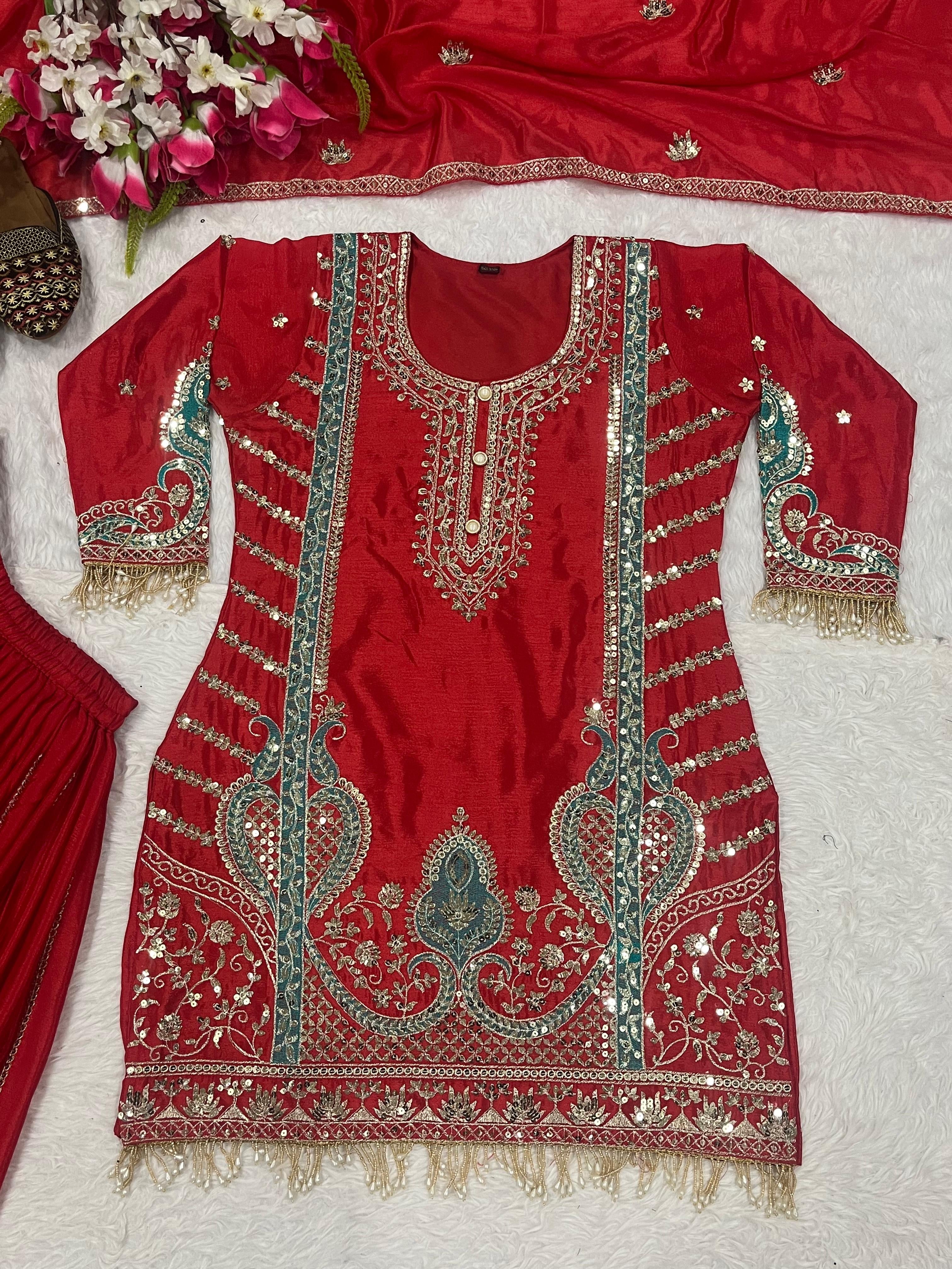 Chinon Silk Sequins Embroidered Kurta & Sharara Palazzo Set