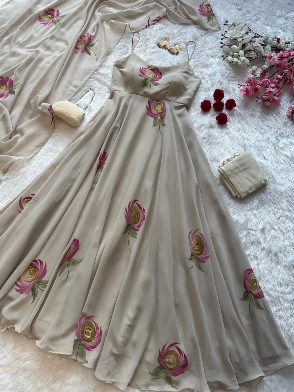 Handpainted Faux Georgette Anarkali Suit Set with Dupatta | Floral | House of Nazam