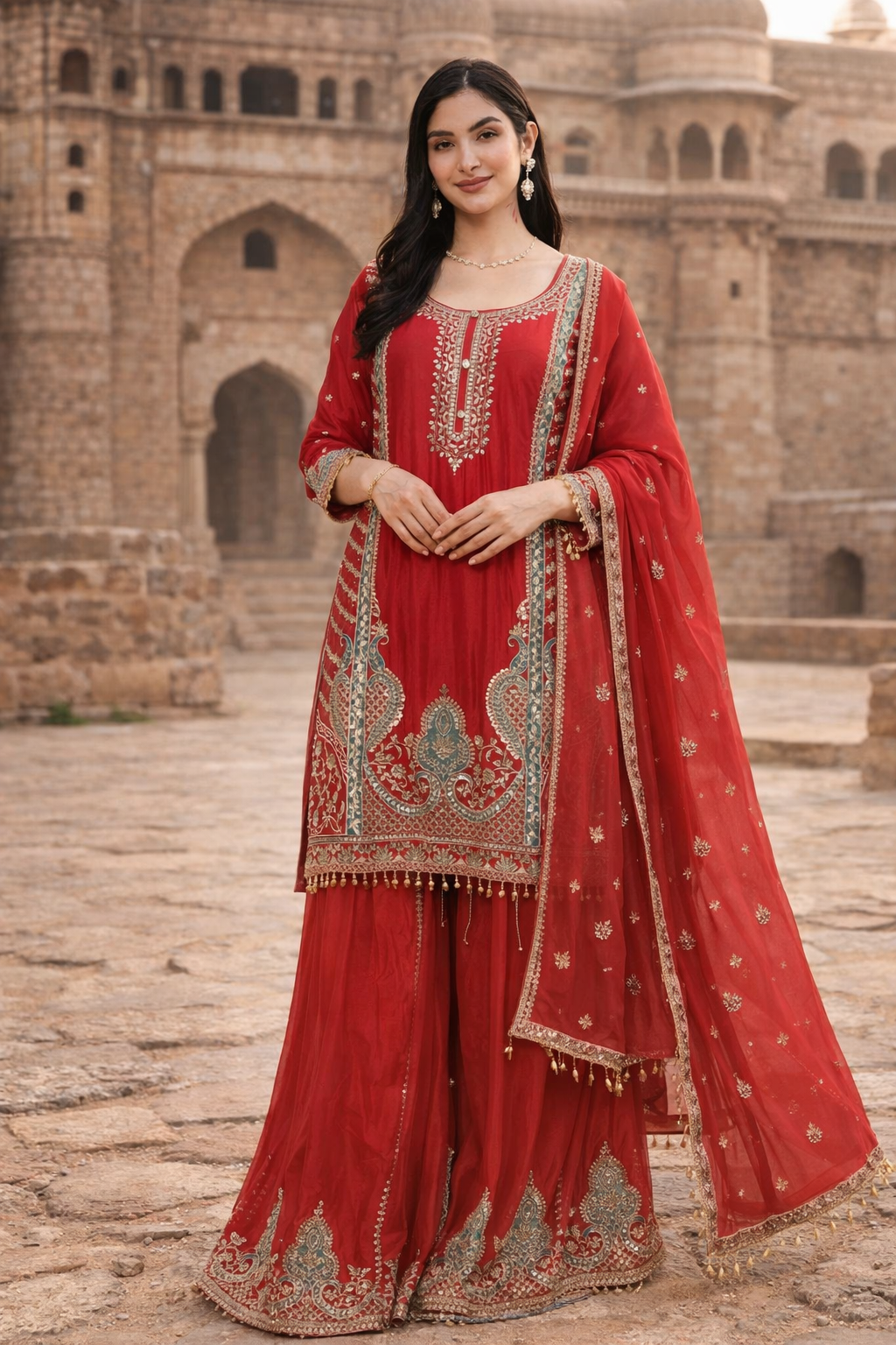 Chinon Silk Sequins Embroidered Kurta & Sharara Palazzo Set