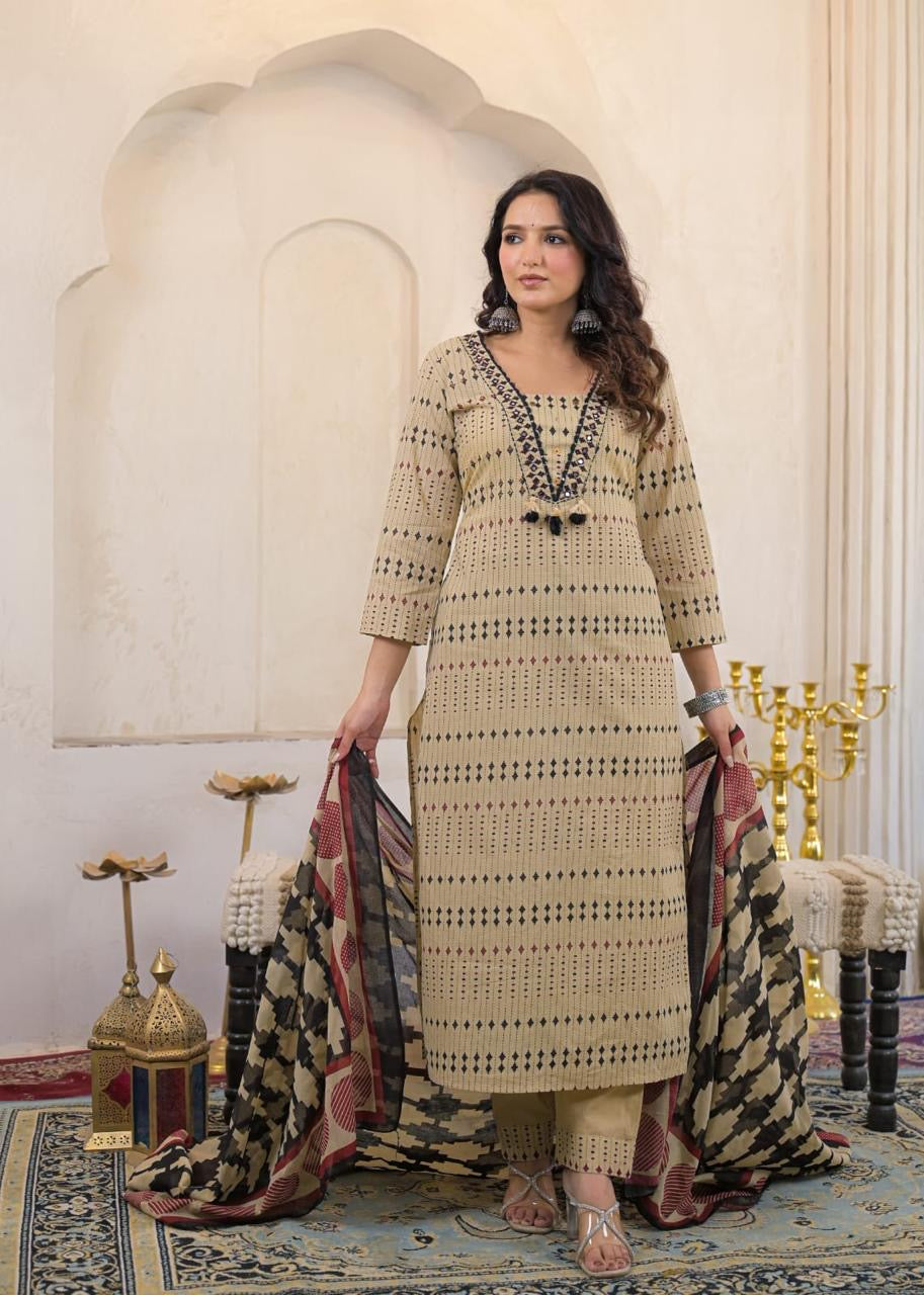 Premium Cotton Kurti Pant Dupatta Set with Mirror Work