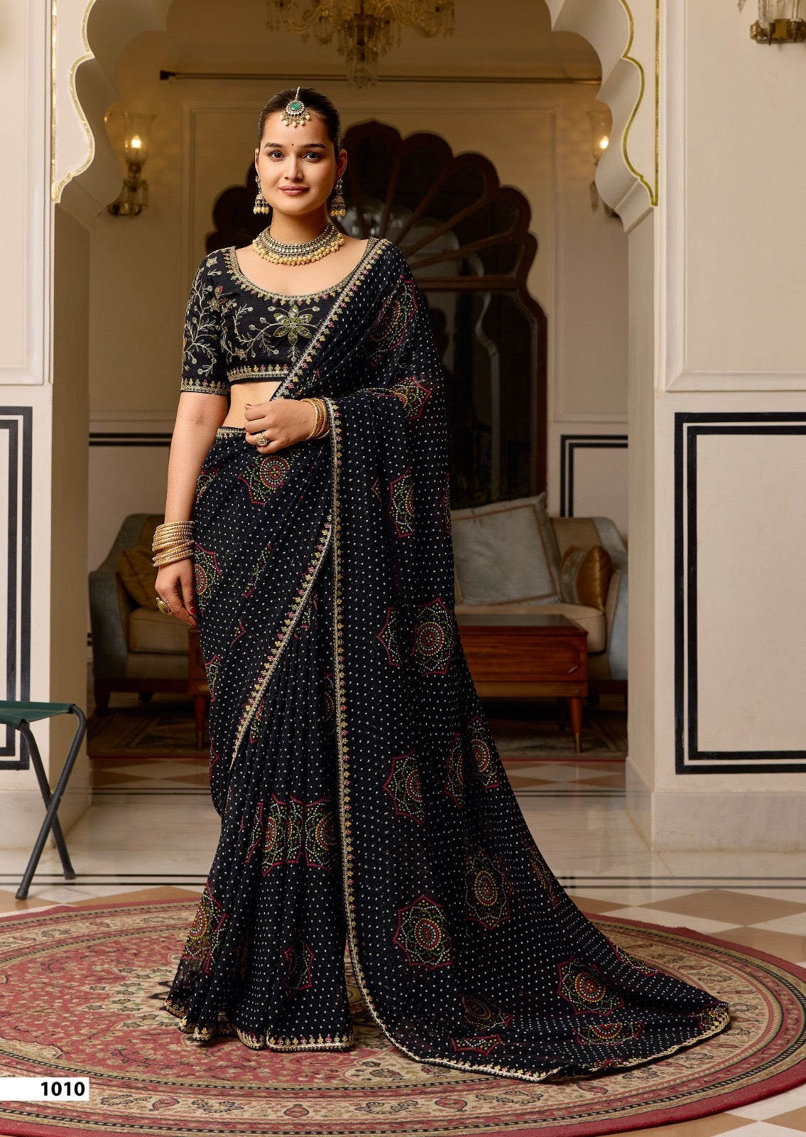 Georgette Embroidered Saree with Meena Border & Designer Blouse