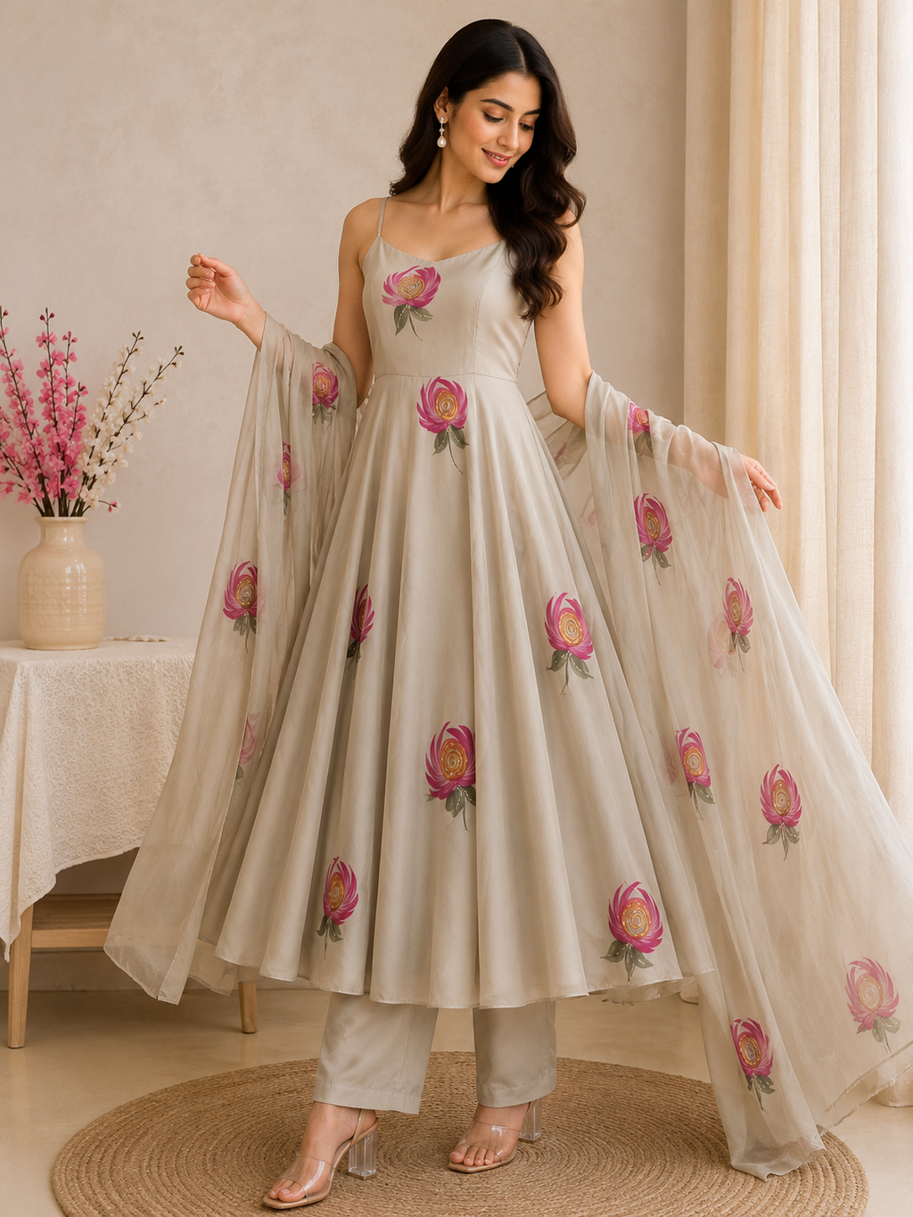 Handpainted Faux Georgette Anarkali Suit Set with Dupatta | Floral | House of Nazam