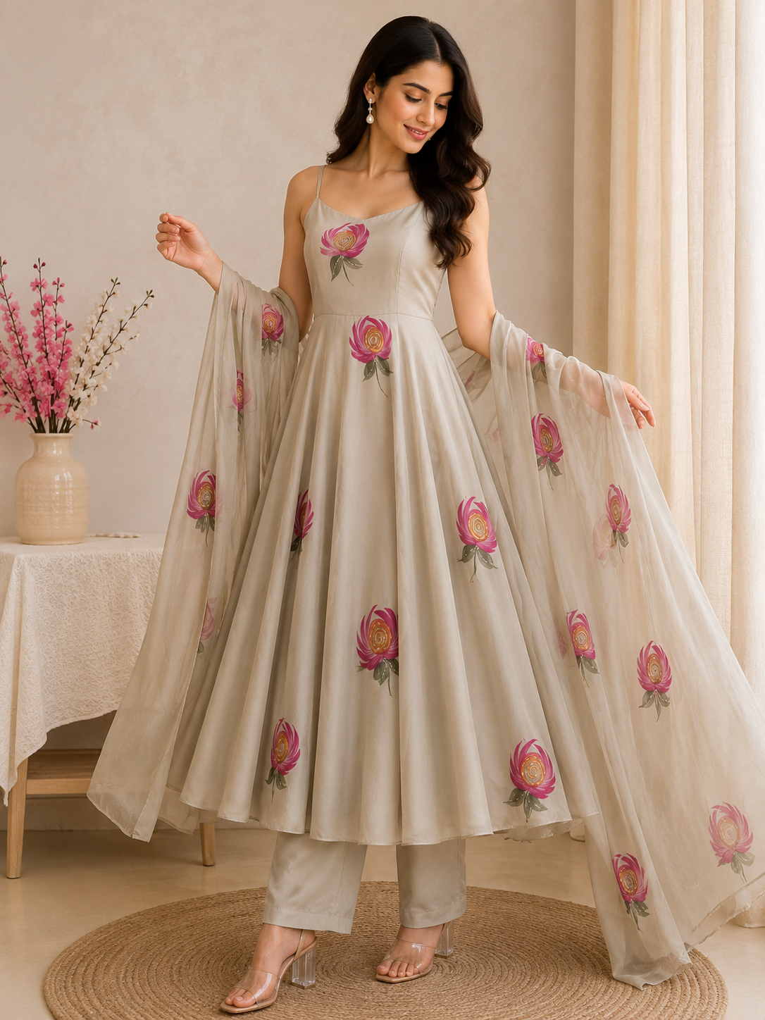 Handpainted Faux Georgette Anarkali Suit Set with Dupatta | Floral | House of Nazam