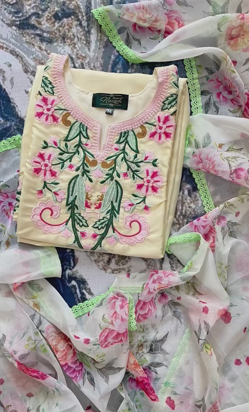 Cream Floral Embroidered Kurta Set with Farshi Palazzo & Dupatta